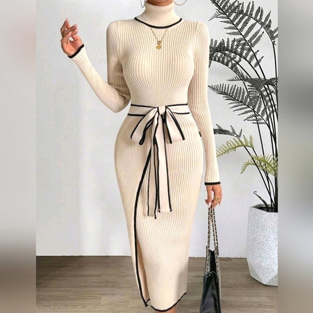 New Luxe Wrap Front Bodycon Ribbed Knit Dress Long Midi Cream Ivory Black - Picture 2 of 7